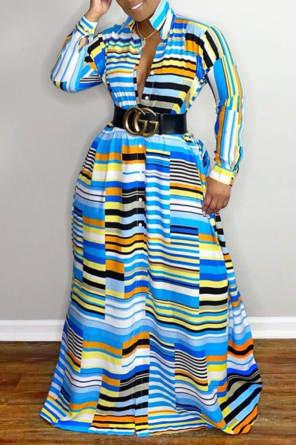 Blue British Style Striped Print Patchwork Turndown Collar Shirt Dress Dresses