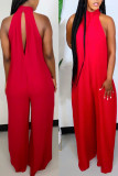 Red Fashion Casual Daily Solid Cut Out Halter Loose Jumpsuits