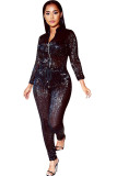 Black Drawstring Long Sleeve High Sequin Loose Pants Jumpsuits & Rompers