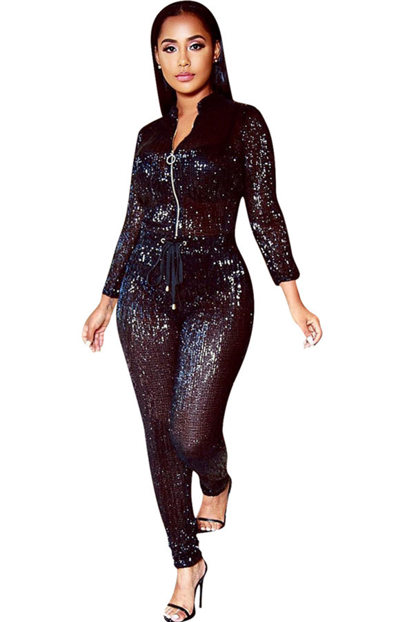Black Drawstring Long Sleeve High Sequin Loose Pants Jumpsuits & Rompers