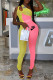 Yellow Pink Fashion Casual Print Patchwork One Shoulder Jumpsuits