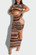 Coffee Fashion Sexy Print Hollowed Out O Neck Short Sleeve Two Pieces