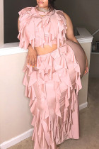 Pink Sexy Casual Solid Hollowed Out Split Joint O Neck Plus Size Two Pieces