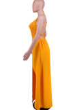 Yellow Sexy Solid Split Joint Spaghetti Strap Sling Dress Dresses