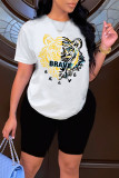 White Fashion Casual Print Basic O Neck Short Sleeve Two Pieces