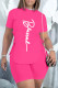 Rose Red Casual Letter Print Bandage Asymmetrical O Neck Short Sleeve Two Pieces