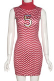 Red Sexy Print Patchwork Turtleneck One Step Skirt Dresses