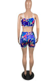 Blue Sexy Casual Letter Print Backless Spaghetti Strap Sleeveless Two Pieces