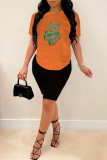 White Fashion Casual Print Basic O Neck Short Sleeve Two Pieces