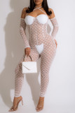 White Fashion Sexy Solid Patchwork See-through Backless Strapless Skinny Jumpsuits