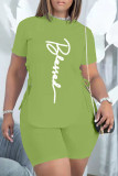 Pink Casual Letter Print Bandage Asymmetrical O Neck Short Sleeve Two Pieces