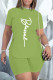 Fruit Green Casual Letter Print Bandage Asymmetrical O Neck Short Sleeve Two Pieces