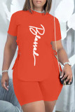 Pink Casual Letter Print Bandage Asymmetrical O Neck Short Sleeve Two Pieces