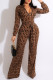 Brown Fashion Casual Print Patchwork Zipper Collar Straight Jumpsuits