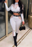 Pink Sexy Print Patchwork See-through Zipper Collar Long Sleeve Two Pieces