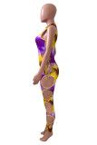 Yellow Purple Fashion Sexy Print Bandage Hollowed Out Half A Turtleneck Skinny Jumpsuits