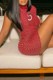 Red Sexy Print Patchwork Turtleneck One Step Skirt Dresses
