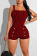 Red Sexy Print Patchwork Spaghetti Strap Regular Rompers