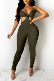 Army Green Sexy Solid Patchwork Halter Skinny Jumpsuits