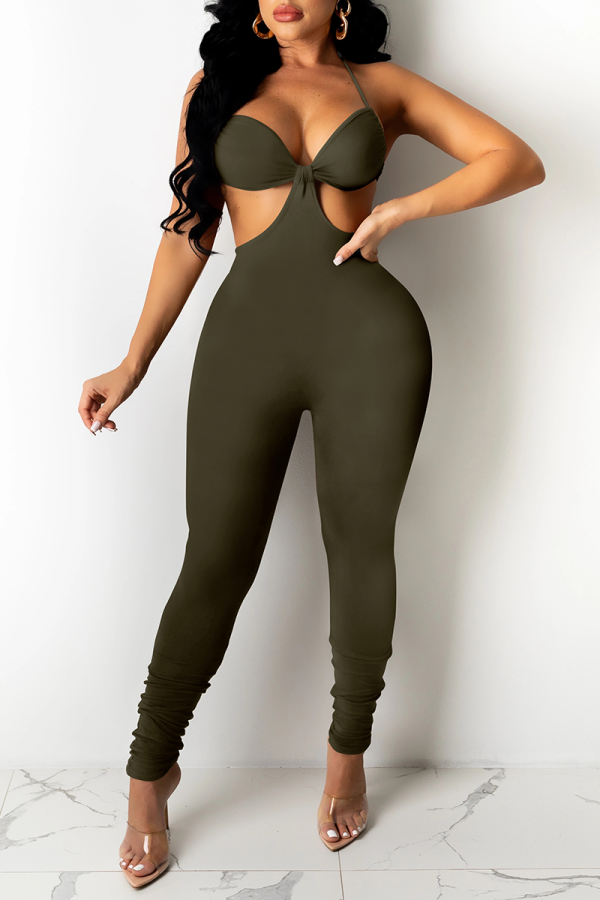 Army Green Sexy Solid Patchwork Halter Skinny Jumpsuits