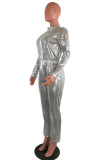 Silver Drawstring Long Sleeve High Sequin Loose Pants Jumpsuits & Rompers