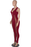 Blue Fashion Sexy Patchwork See-through V Neck Skinny Jumpsuits