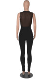 Blue Fashion Sexy Patchwork See-through V Neck Skinny Jumpsuits