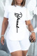 White Casual Letter Print Bandage Asymmetrical O Neck Short Sleeve Two Pieces