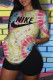 Yellow Fashion Casual Tie Dye Letter O Neck Short Sleeve Two Pieces