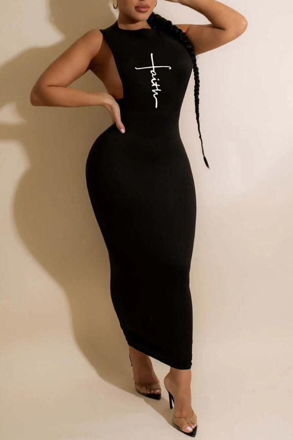 Black Sexy Print Patchwork O Neck One Step Skirt Dresses