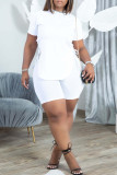 White Fashion Casual Solid Bandage O Neck Plus Size Two Pieces