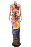 Multicolor Fashion Sexy Print Bandage Hollowed Out Backless Sleeveless Two Pieces