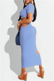 Blue Fashion Sexy Solid Hollowed Out O Neck Short Sleeve Dress