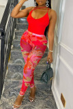 Red Sexy Print Patchwork Spaghetti Strap Sleeveless Two Pieces