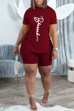 Pink Casual Letter Print Bandage Asymmetrical O Neck Short Sleeve Two Pieces
