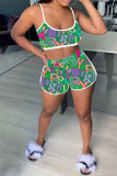 Blue Sexy Casual Letter Print Backless Spaghetti Strap Sleeveless Two Pieces