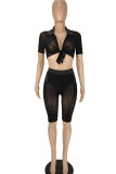 Black Sexy Solid Split Joint See-through Turndown Collar Short Sleeve Two Pieces