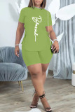 Pink Casual Letter Print Bandage Asymmetrical O Neck Short Sleeve Two Pieces