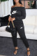 Black Fashion Casual Print Letter Off the Shoulder Jumpsuits