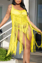Yellow Sexy Solid Tassel Hollowed Out Split Joint Swimwears Cover Up