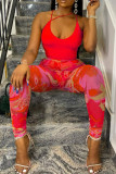 Red Sexy Print Patchwork Spaghetti Strap Sleeveless Two Pieces