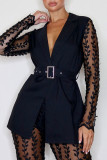 Black Sexy Solid Split Joint See-through Turn-back Collar Long Sleeve Two Pieces