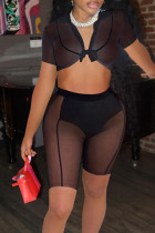 Black Sexy Solid Split Joint See-through Turndown Collar Short Sleeve Two Pieces