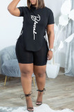 Pink Casual Letter Print Bandage Asymmetrical O Neck Short Sleeve Two Pieces