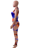 Blue Orange Fashion Sexy Print Bandage Hollowed Out Half A Turtleneck Skinny Jumpsuits