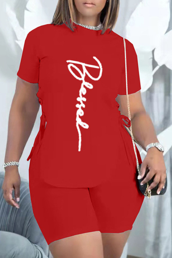 Red Casual Letter Print Bandage Asymmetrical O Neck Short Sleeve Two Pieces