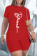 Red Casual Letter Print Bandage Asymmetrical O Neck Short Sleeve Two Pieces
