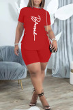 Pink Casual Letter Print Bandage Asymmetrical O Neck Short Sleeve Two Pieces