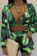 Dark Green Sexy Print Patchwork Turndown Collar Long Sleeve Three Pieces