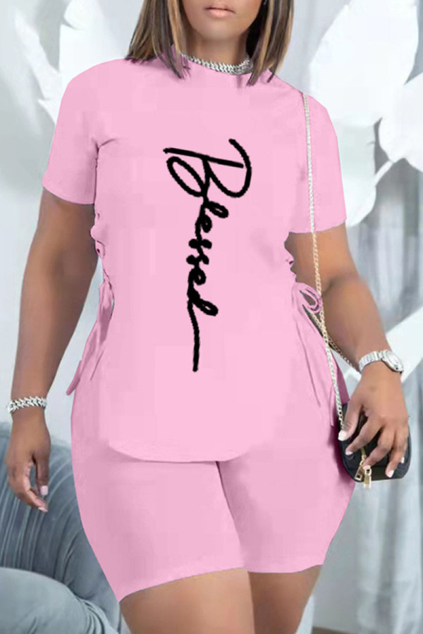 Pink Casual Letter Print Bandage Asymmetrical O Neck Short Sleeve Two Pieces